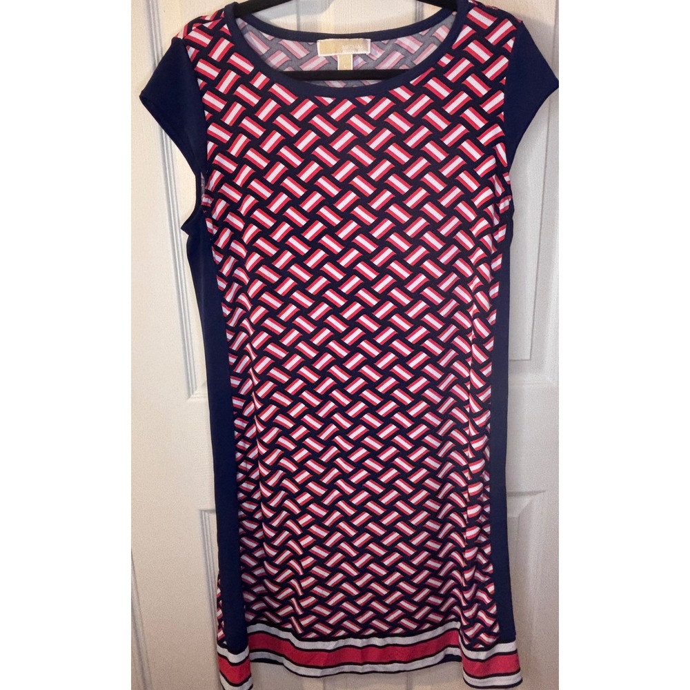 Michael Kors Womens Navy Orange Geometric Cap Sleeve Sheath Dress L Office Prep